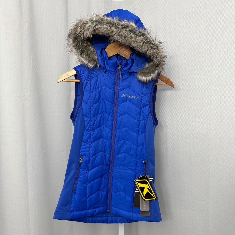 Klim Arise Vest Womens Small Blue Faux Fur Hood Full Zip Performance Insulated